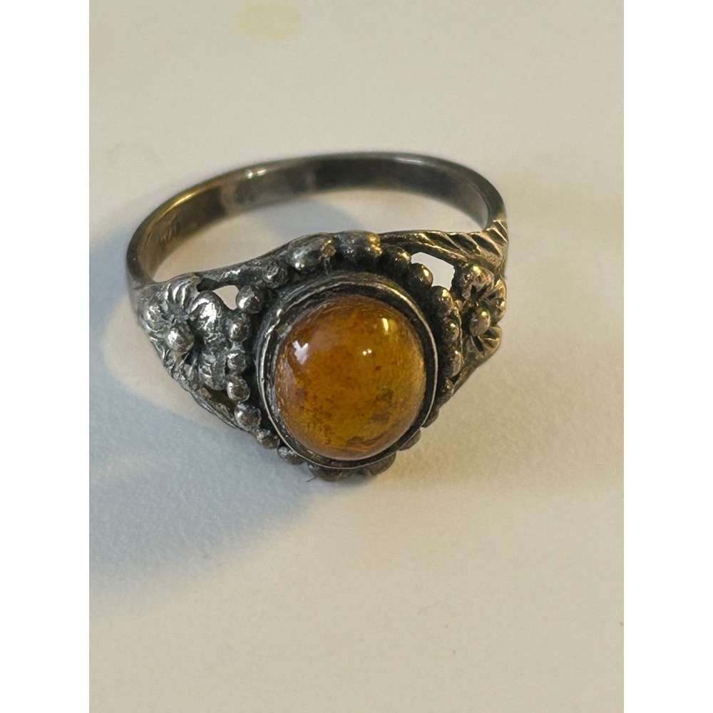 Vintage Sterling Silver Genuine Amber Stone Ring Two Tone Size 6 1/2